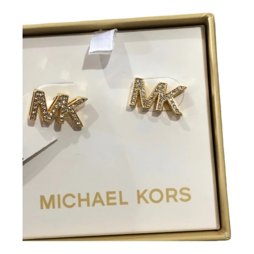 Michael Kors round crystal rhinestone embellished MK logo monogram stud earrings